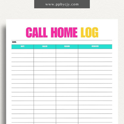 Teacher call home communication log printable template with columns for date, student name, and notes