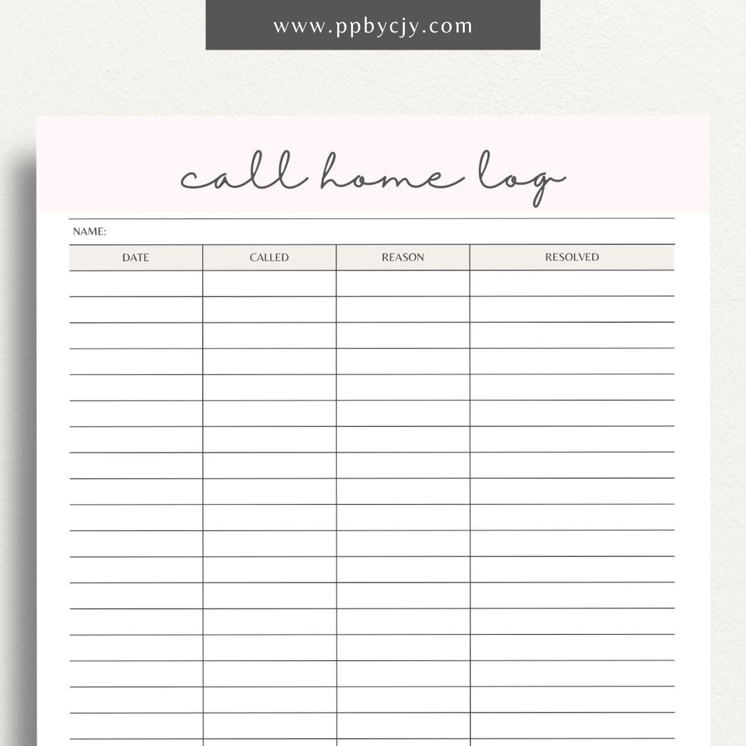 Teacher call home communication log printable template with columns for date, student name, and notes