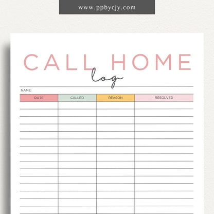 Teacher call home communication log printable template with columns for date, student name, and notes