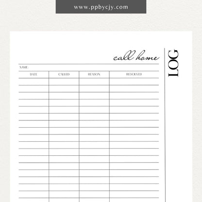 Teacher call home communication log printable template with columns for date, student name, and notes