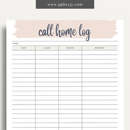 Teacher call home communication log printable template with columns for date, student name, and notes