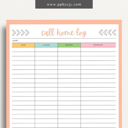 Teacher call home communication log printable template with columns for date, student name, and notes