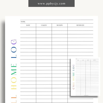 Teacher call home communication log printable template with columns for date, student name, and notes