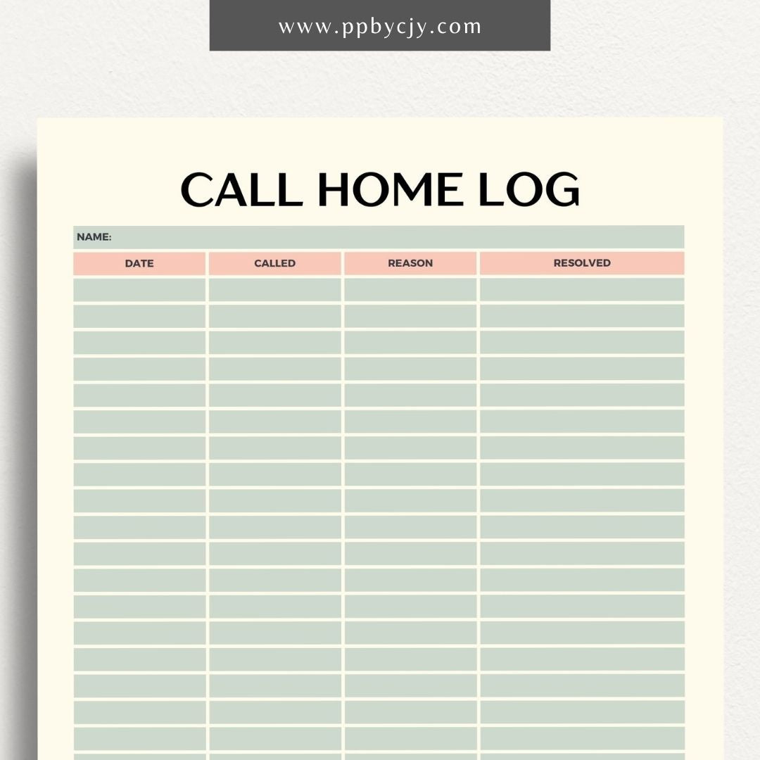 Teacher call home communication log printable template with columns for date, student name, and notes