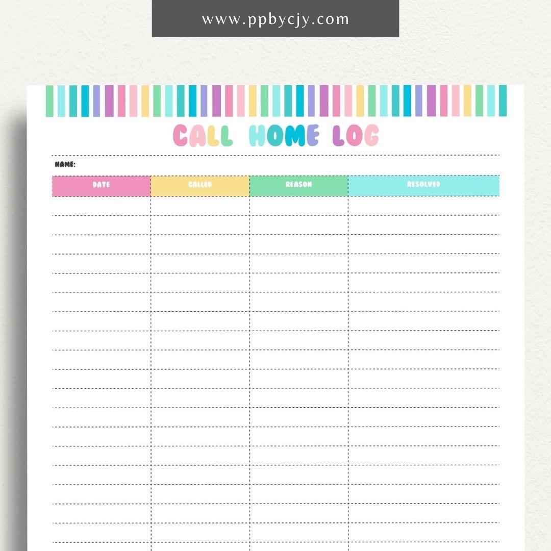 Teacher call home communication log printable template with columns for date, student name, and notes