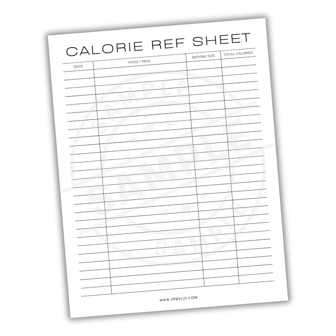 Calorie reference sheet with columns for date, food/meal, serving size, and total calories on a white background.