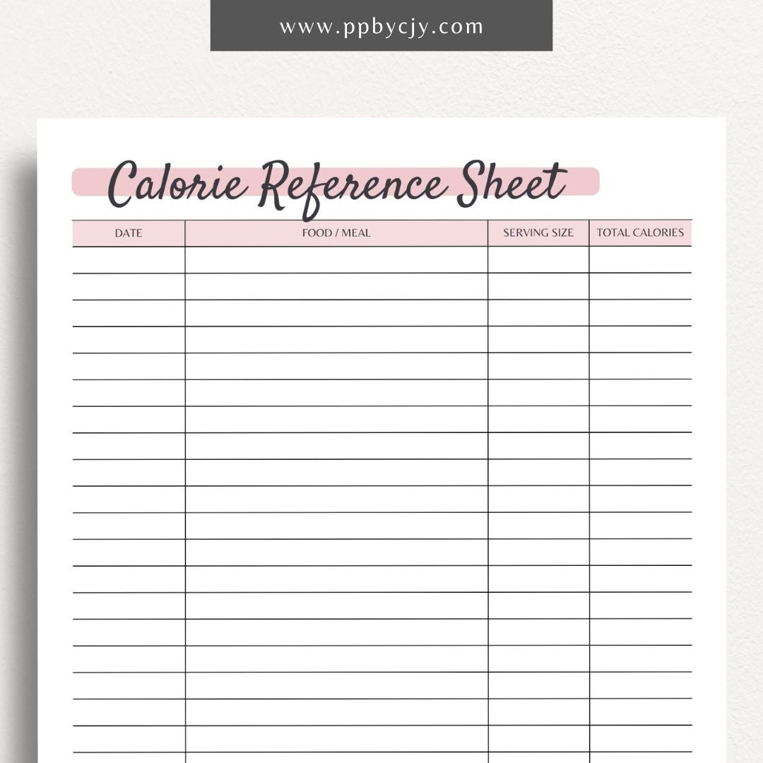 Calorie Counting Reference Sheet Printable PDF Template