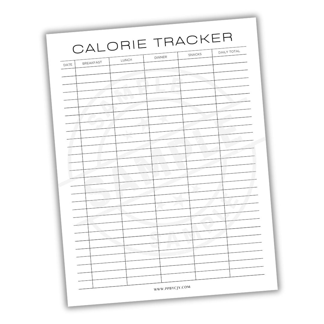 Calorie tracker sheet with columns for breakfast, lunch, dinner, and snacks on a white background.
