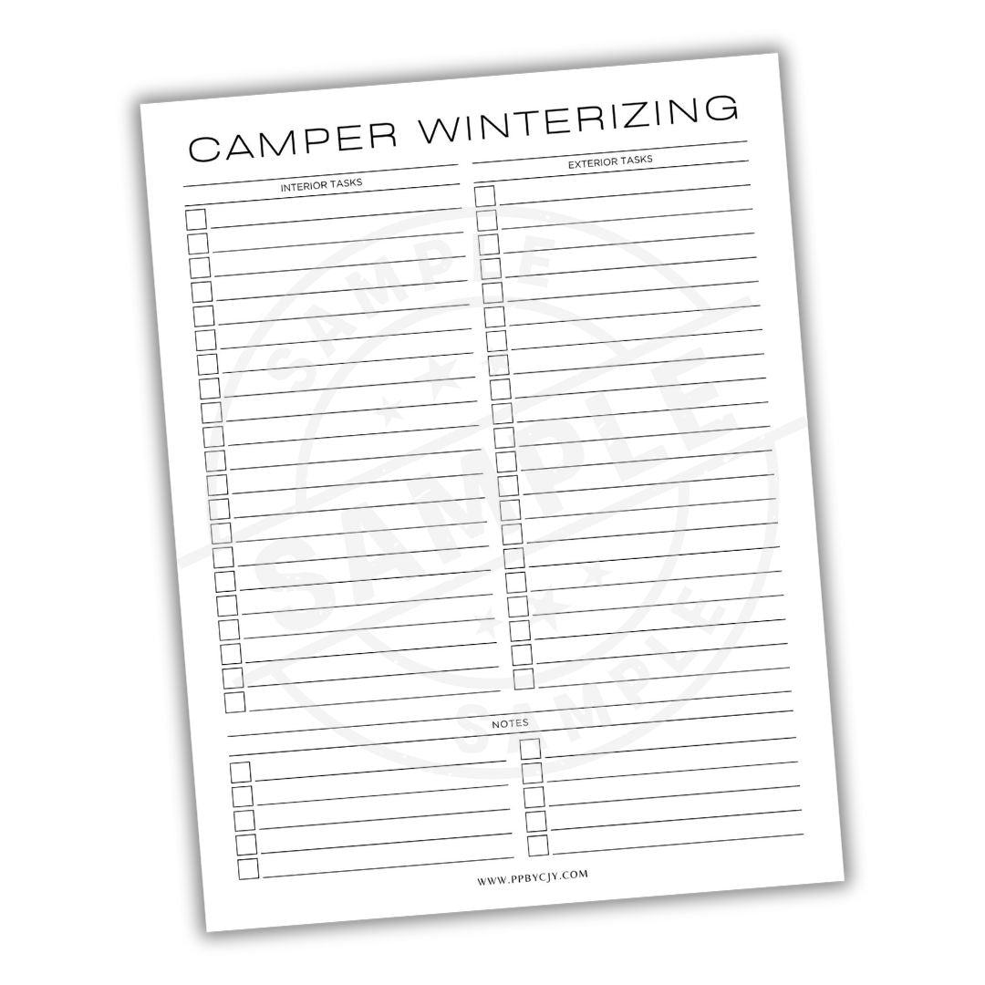 Checklist for camper winterizing with interior and exterior tasks on a white background