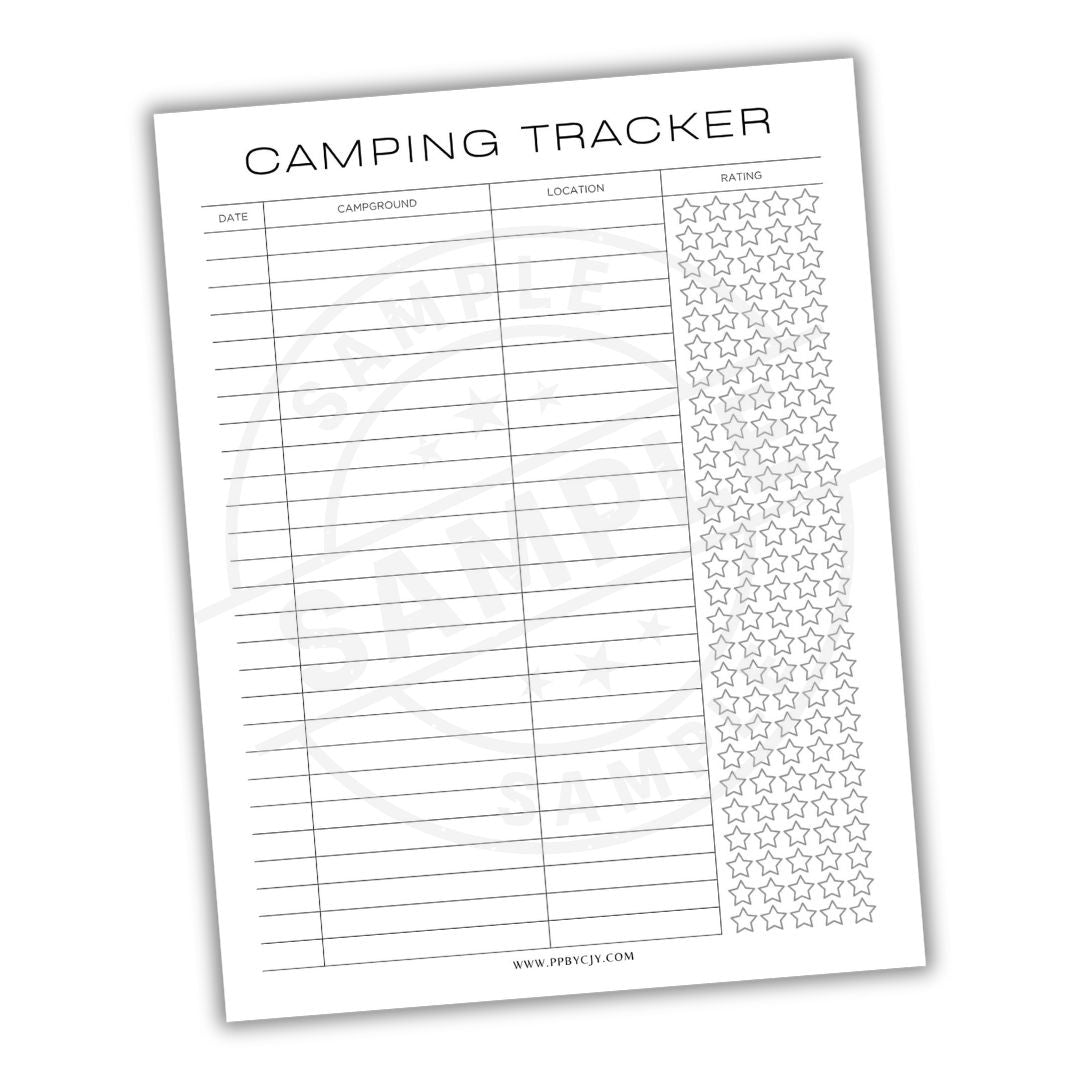 Camping tracker sheet with star ratings on a white background