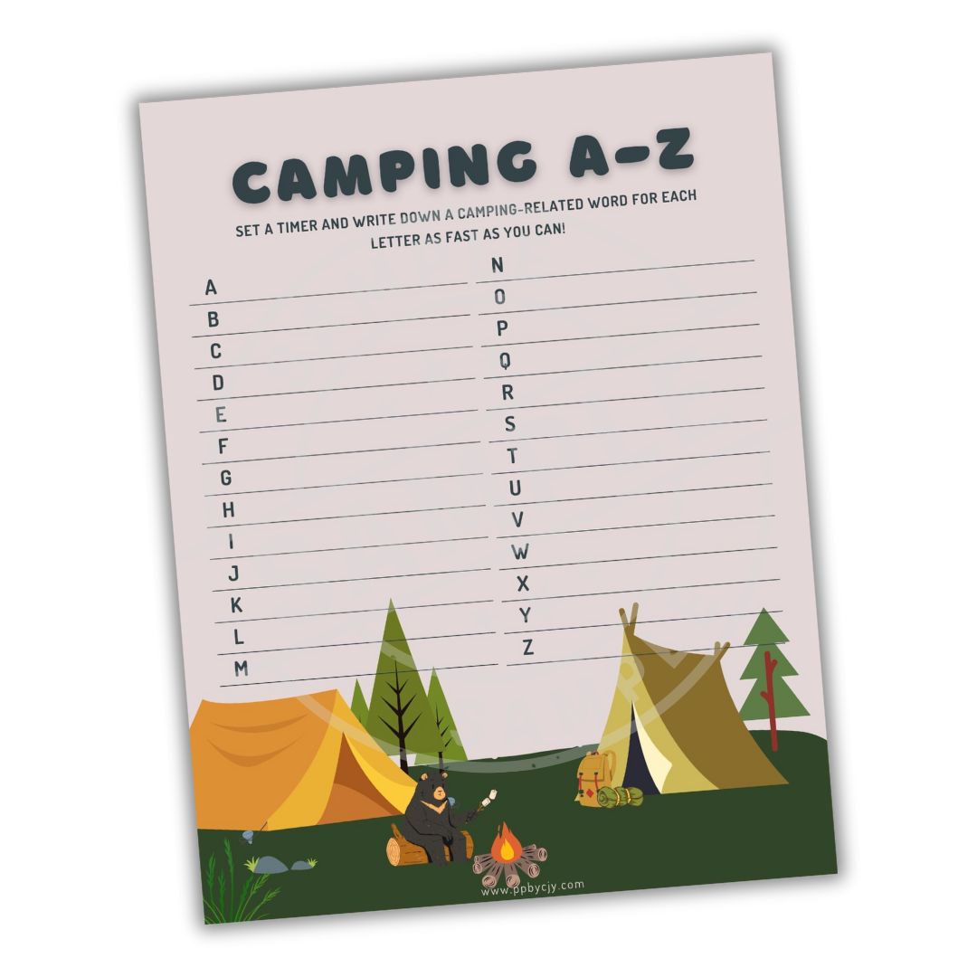 Camping-themed activity sheet with A to Z list and camping illustrations on a white background.