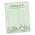 Sheet with 'Camping A-Z' activity on a light green background