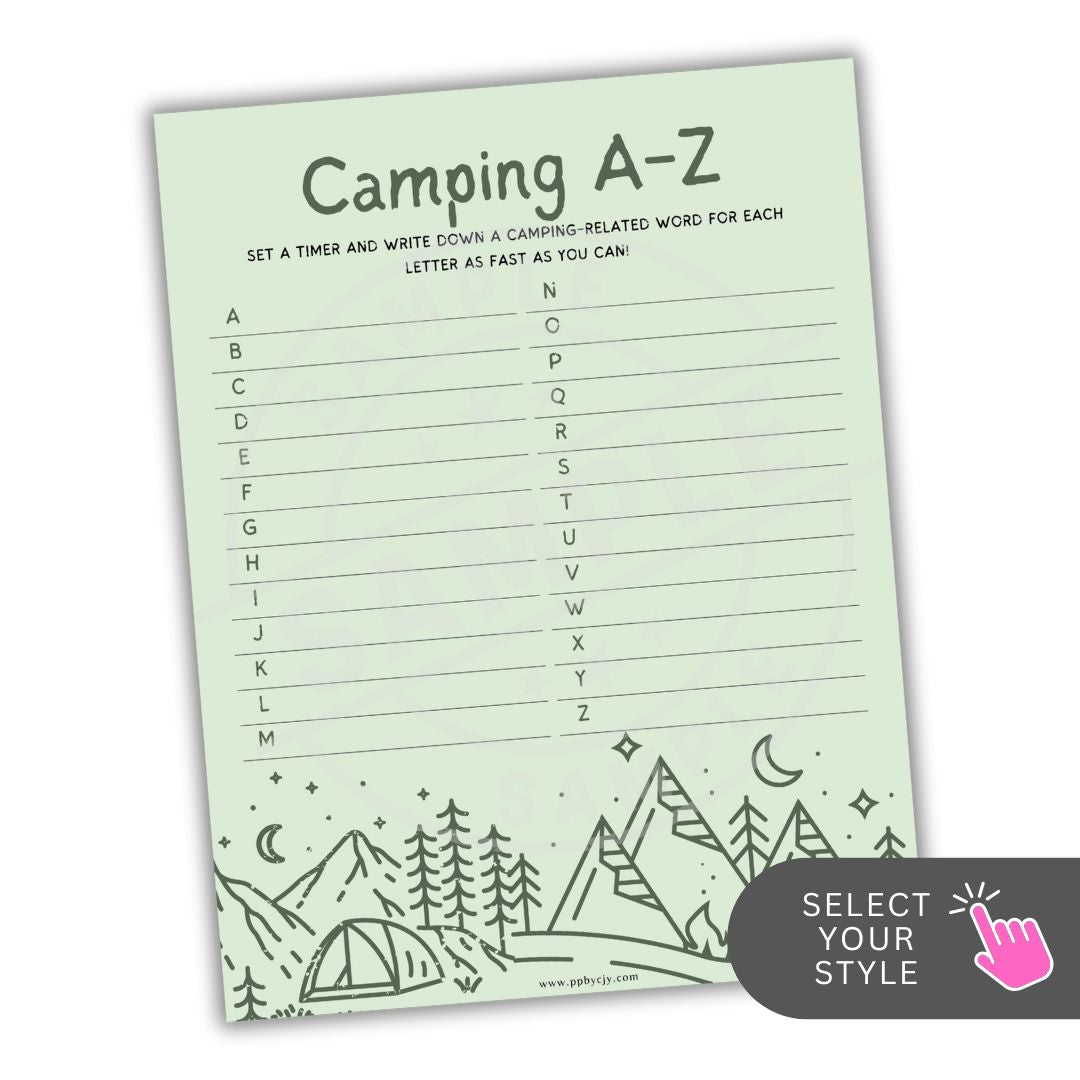 Camping-themed activity sheet with A-Z list on a light green background