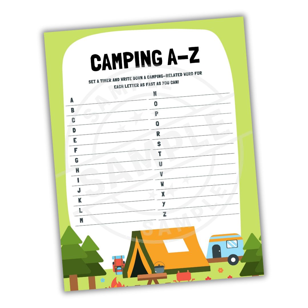 Camping-themed activity sheet with a green border and camping illustrations.