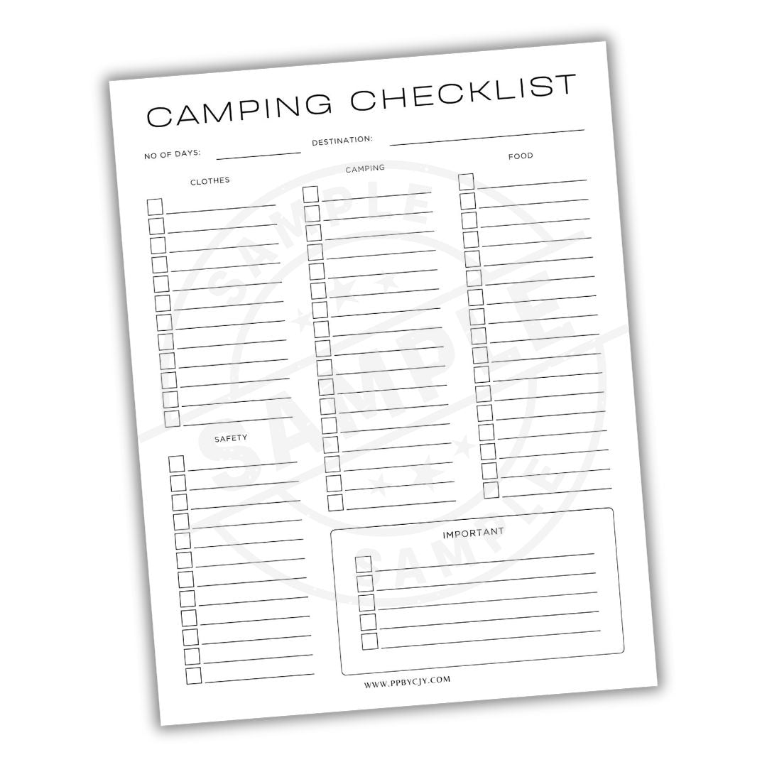 Camping checklist template on a white background