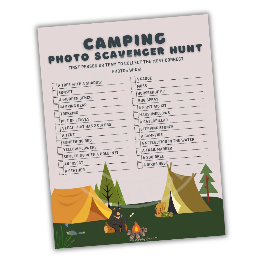 Camping photo scavenger hunt sheet with illustrations of tents and nature elements on a white background.