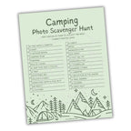 Camping photo scavenger hunt sheet with a green background and mountain design.