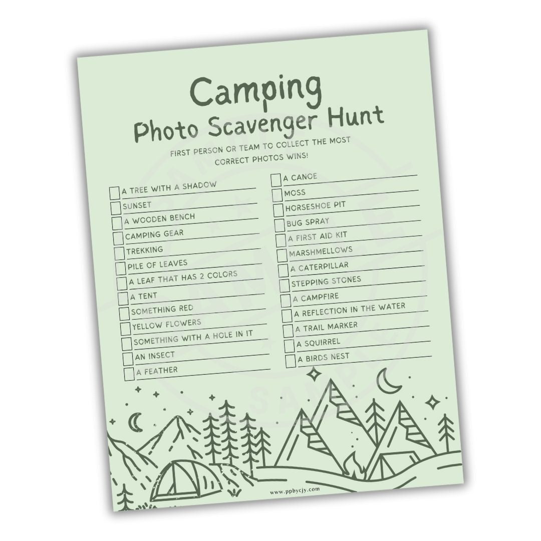 Camping photo scavenger hunt sheet with a green background and mountain design.