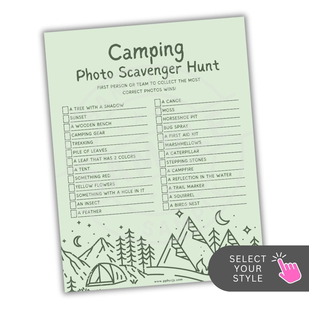 Camping photo scavenger hunt sheet with checkboxes and illustrations on a light green background.