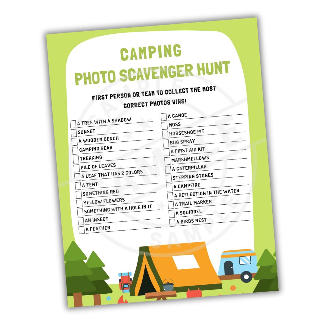 Camping photo scavenger hunt sheet with illustrations of a tent and camper on a white background.