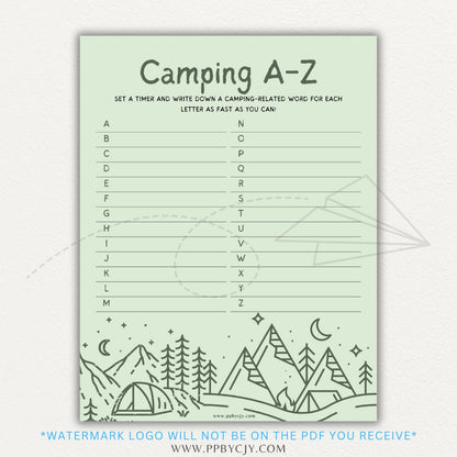 Camping A-Z Game Printable PDF Template with alphabet spaces to fill in camping-related words, perfect for road trips and outdoor fun.

