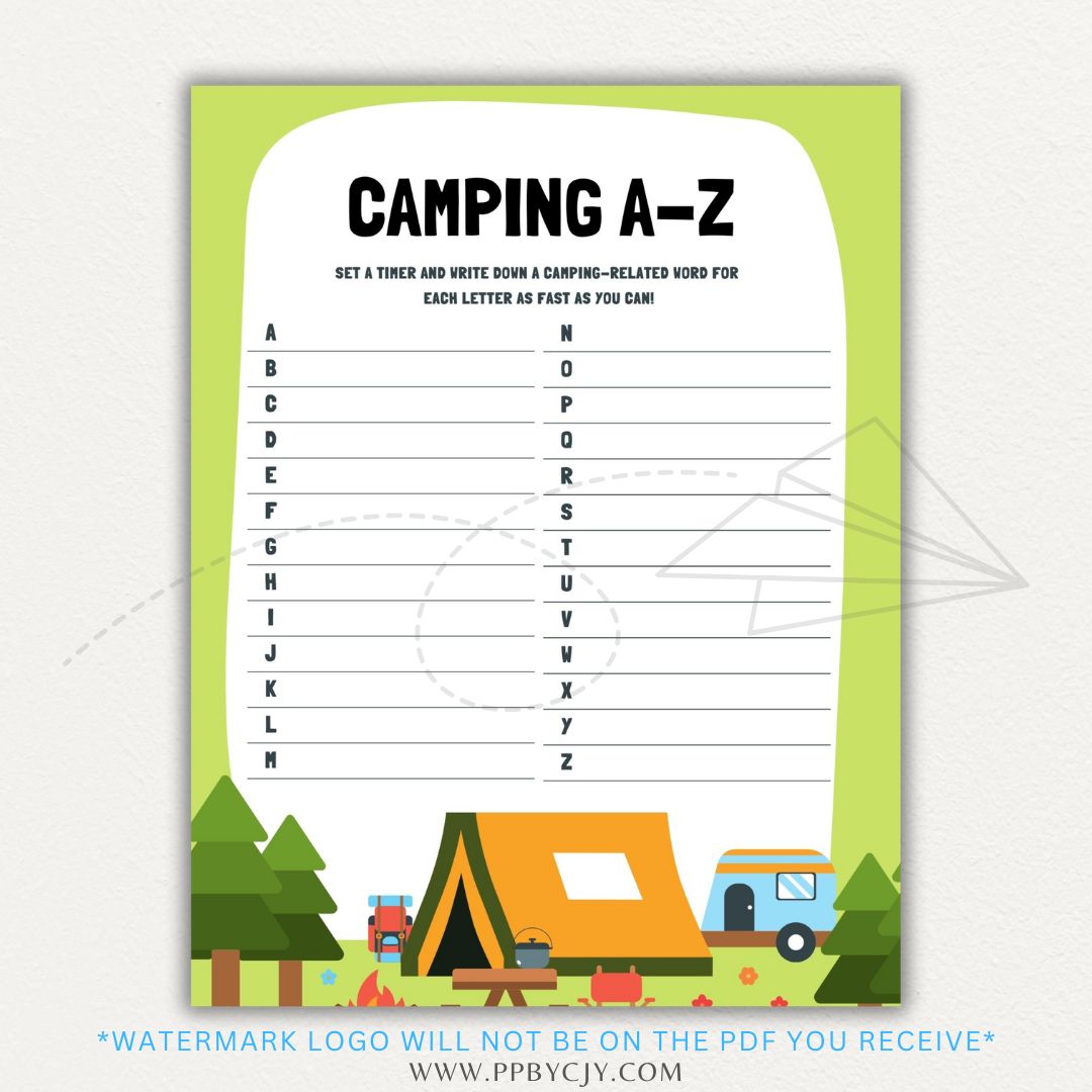 Camping A-Z Game Printable PDF Template with alphabet spaces to fill in camping-related words, perfect for road trips and outdoor fun.

