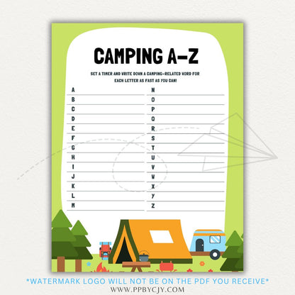 Camping A-Z Game Printable PDF Template with alphabet spaces to fill in camping-related words, perfect for road trips and outdoor fun.

