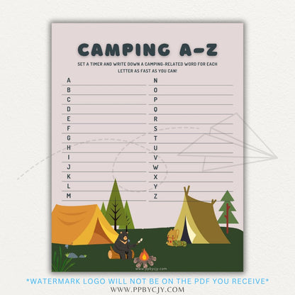 Camping A-Z Game Printable PDF Template with alphabet spaces to fill in camping-related words, perfect for road trips and outdoor fun.

