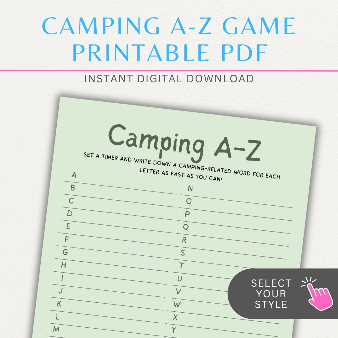 Camping A-Z Game Printable PDF Template with alphabet spaces to fill in camping-related words, perfect for road trips and outdoor fun.

