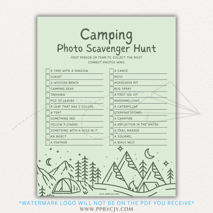 Camping Photo Scavenger Hunt Printable PDF with a list of outdoor items to find and photograph, perfect for family camping trips and nature adventures.

