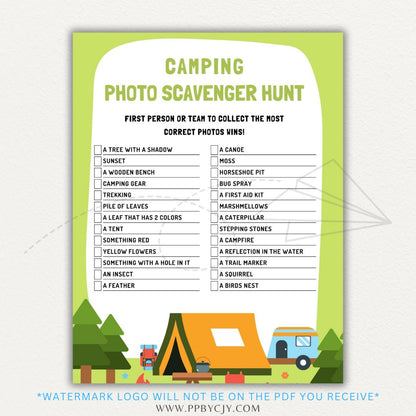 Camping Photo Scavenger Hunt Printable PDF with a list of outdoor items to find and photograph, perfect for family camping trips and nature adventures.

