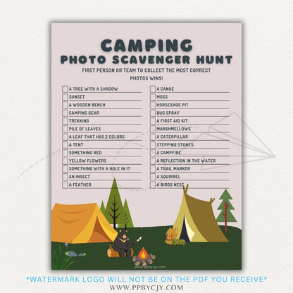 Camping Photo Scavenger Hunt Printable PDF with a list of outdoor items to find and photograph, perfect for family camping trips and nature adventures.

