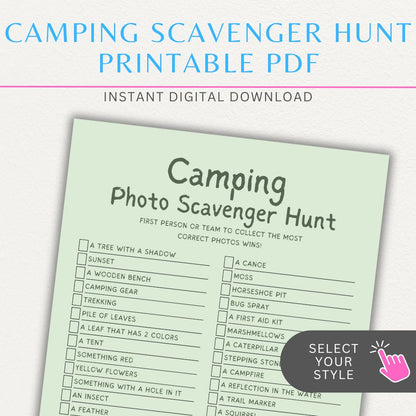 Camping Photo Scavenger Hunt Printable PDF with a list of outdoor items to find and photograph, perfect for family camping trips and nature adventures.

