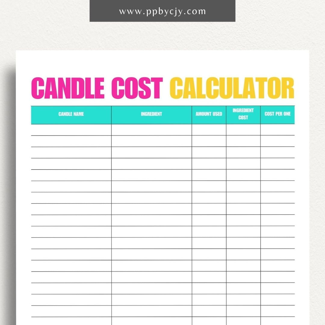 Candle Cost Calculator Printable Template – Digital Download for Tracking and Calculating Costs of Candle Production