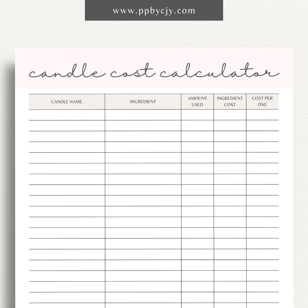 Candle Cost Calculator Printable Template – Digital Download for Tracking and Calculating Costs of Candle Production