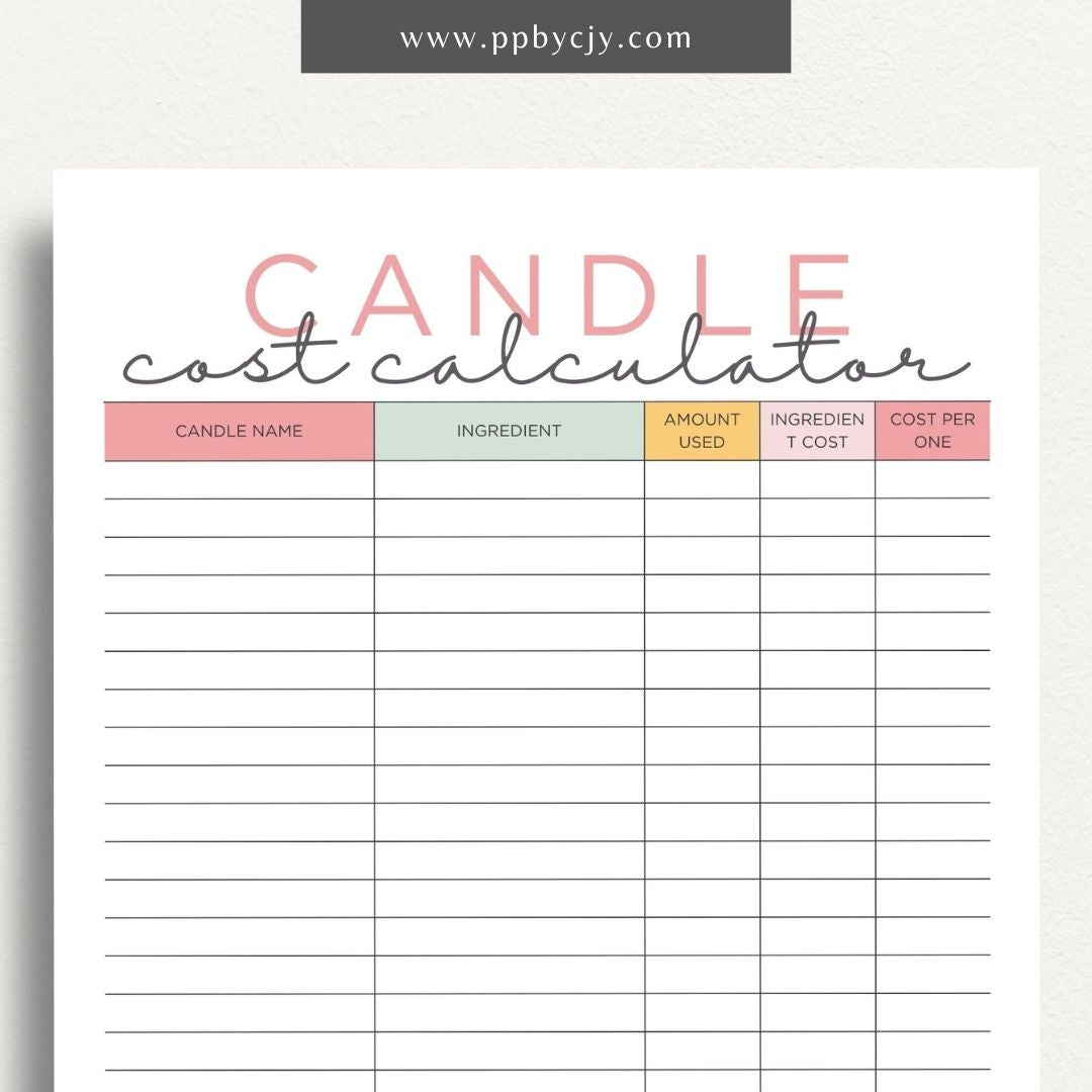 Candle Cost Calculator Printable Template – Digital Download for Tracking and Calculating Costs of Candle Production