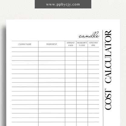 Candle Cost Calculator Printable Template – Digital Download for Tracking and Calculating Costs of Candle Production