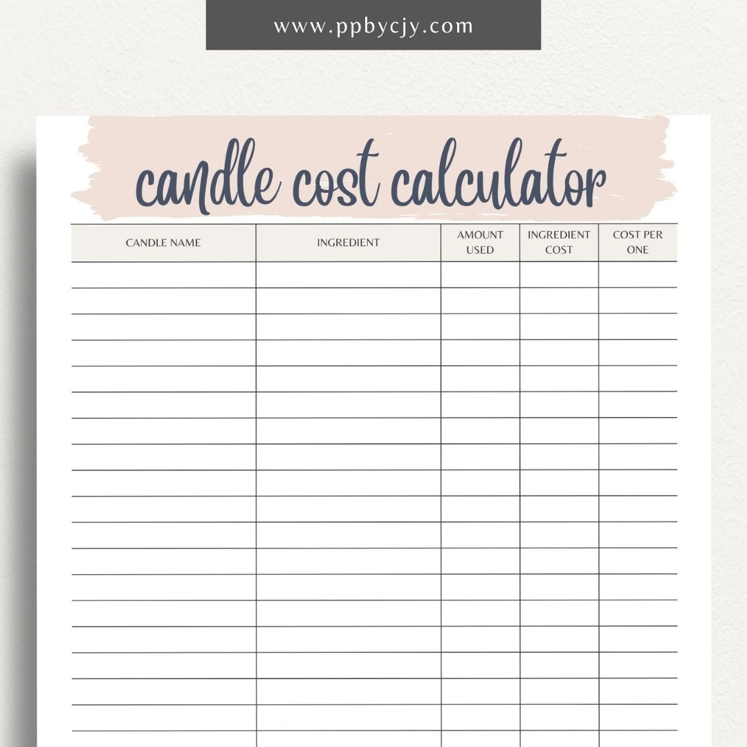 Candle Cost Calculator Printable Template – Digital Download for Tracking and Calculating Costs of Candle Production