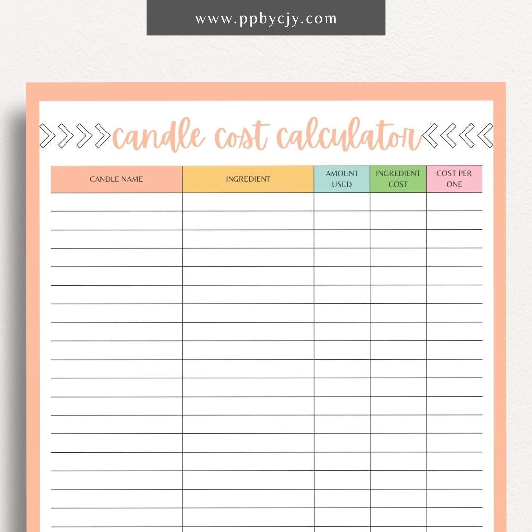 Candle Cost Calculator Printable Template – Digital Download for Tracking and Calculating Costs of Candle Production