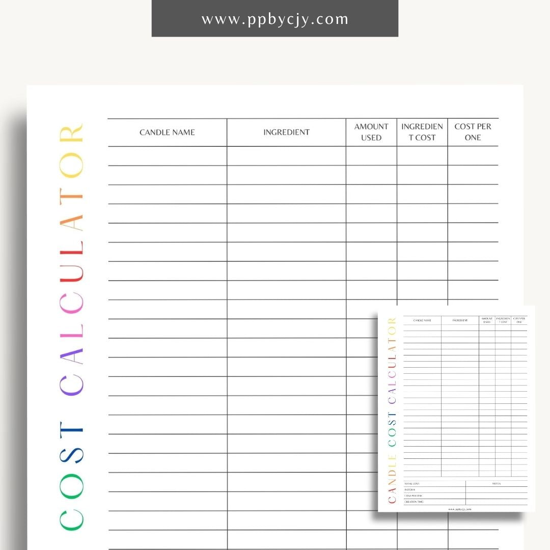 Candle Cost Calculator Printable Template – Digital Download for Tracking and Calculating Costs of Candle Production