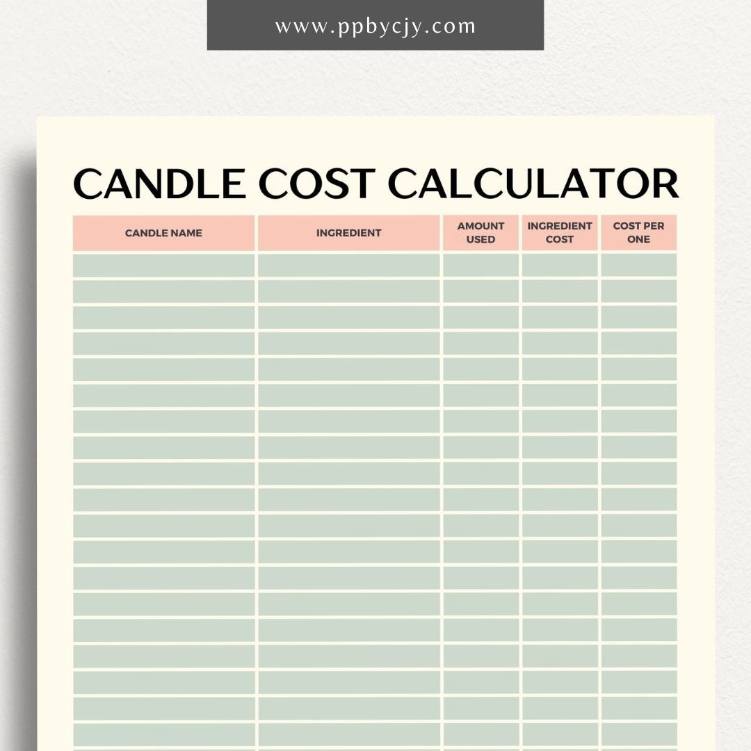 Candle Cost Calculator Printable Template – Digital Download for Tracking and Calculating Costs of Candle Production