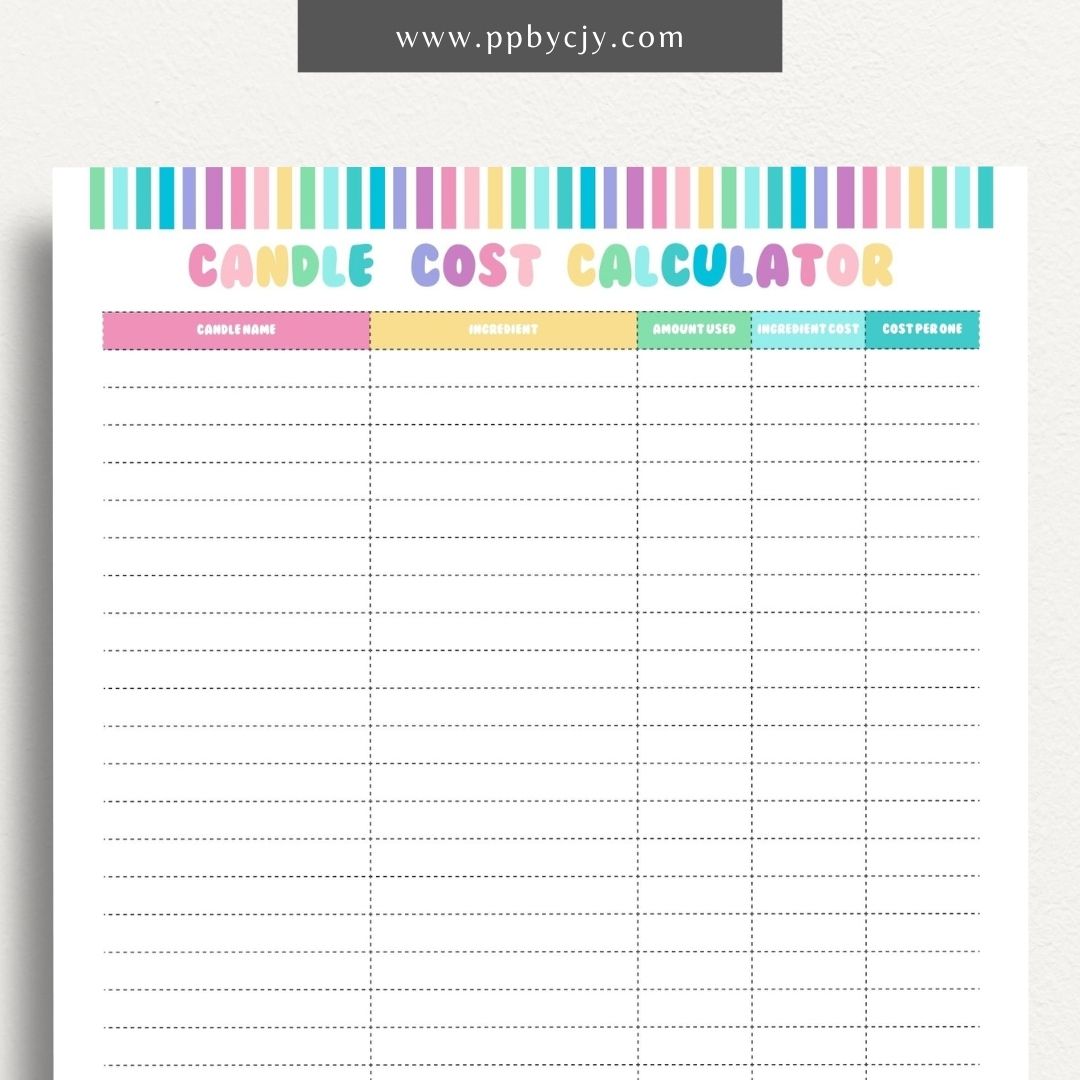 Candle Cost Calculator Printable Template – Digital Download for Tracking and Calculating Costs of Candle Production