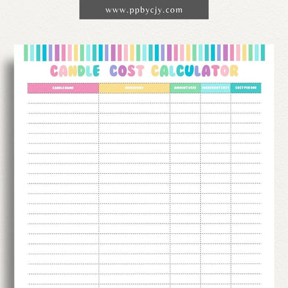 Candle Cost Calculator Printable Template – Digital Download for Tracking and Calculating Costs of Candle Production