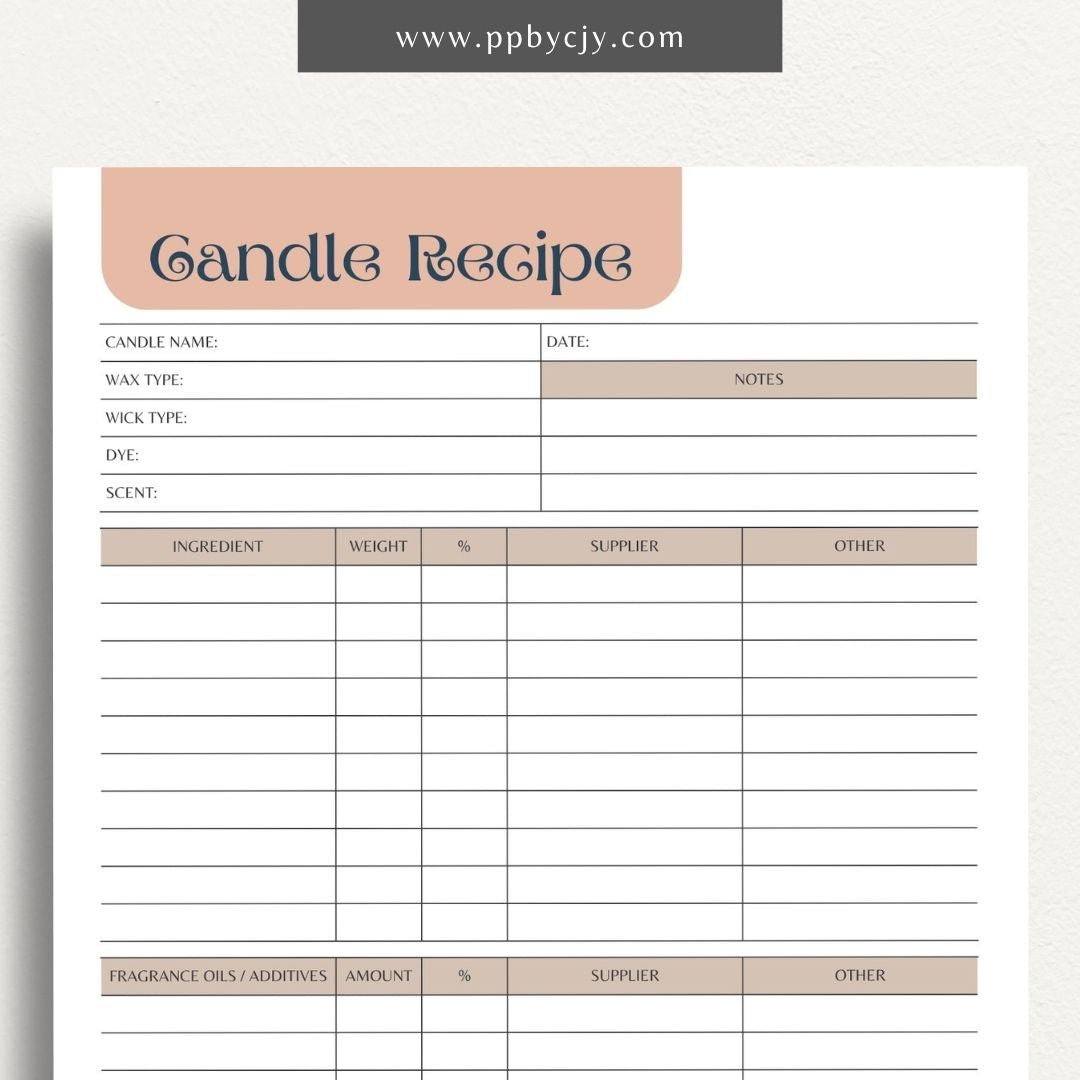 Candle Maker Recipe Printable Template – Digital Download for Recording and Organizing Candle Formulas and Recipes