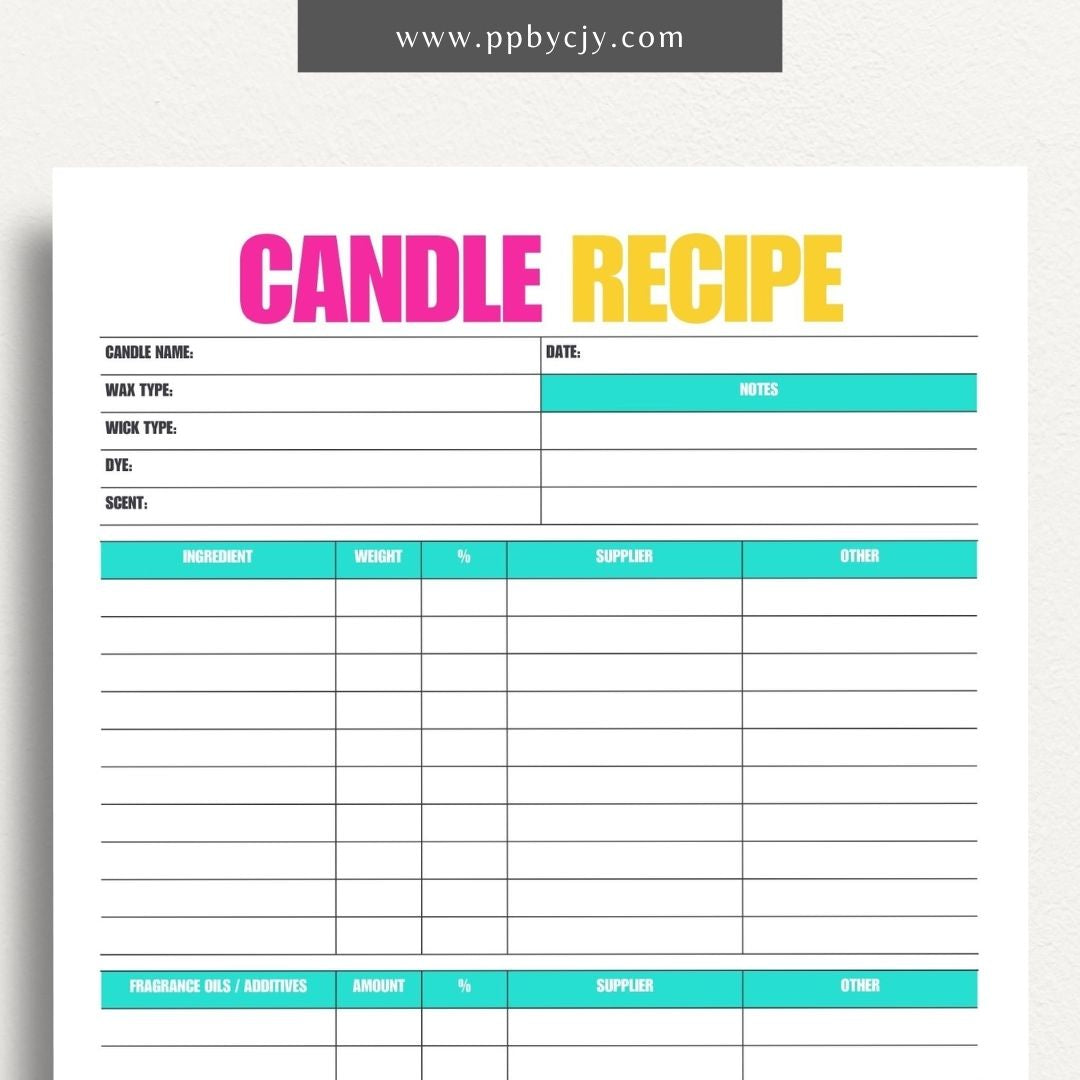 Candle Maker Recipe Printable Template – Digital Download for Recording and Organizing Candle Formulas and Recipes