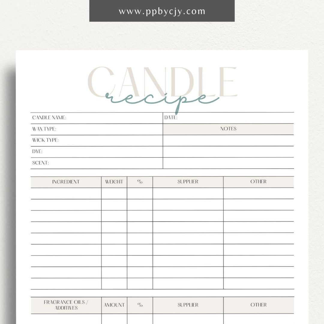 Candle Maker Recipe Printable Template – Digital Download for Recording and Organizing Candle Formulas and Recipes