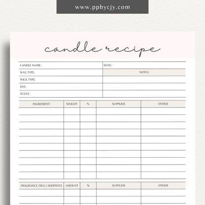 Candle Maker Recipe Printable Template – Digital Download for Recording and Organizing Candle Formulas and Recipes