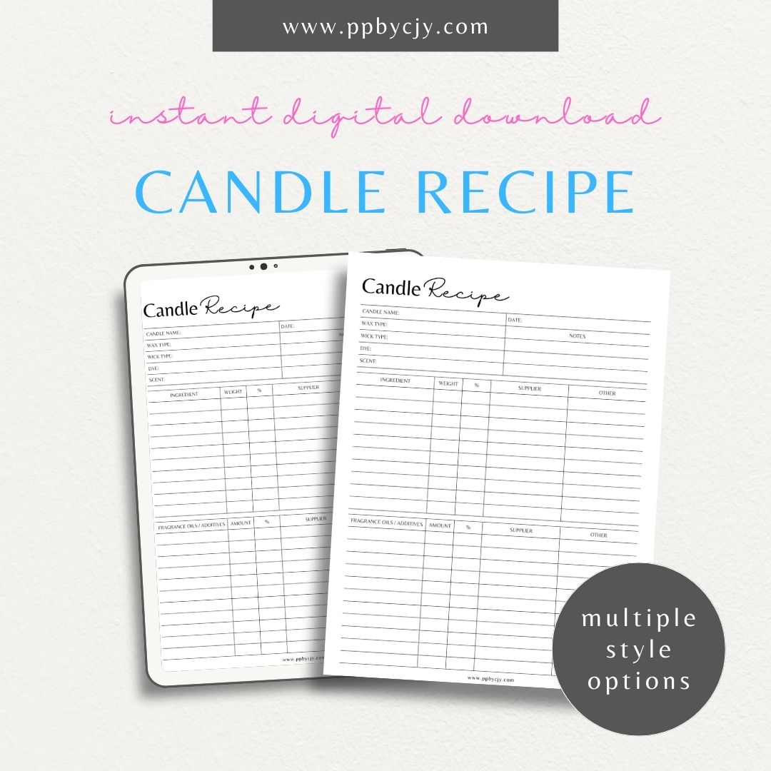 Candle Maker Recipe Printable Template – Digital Download for Recording and Organizing Candle Formulas and Recipes