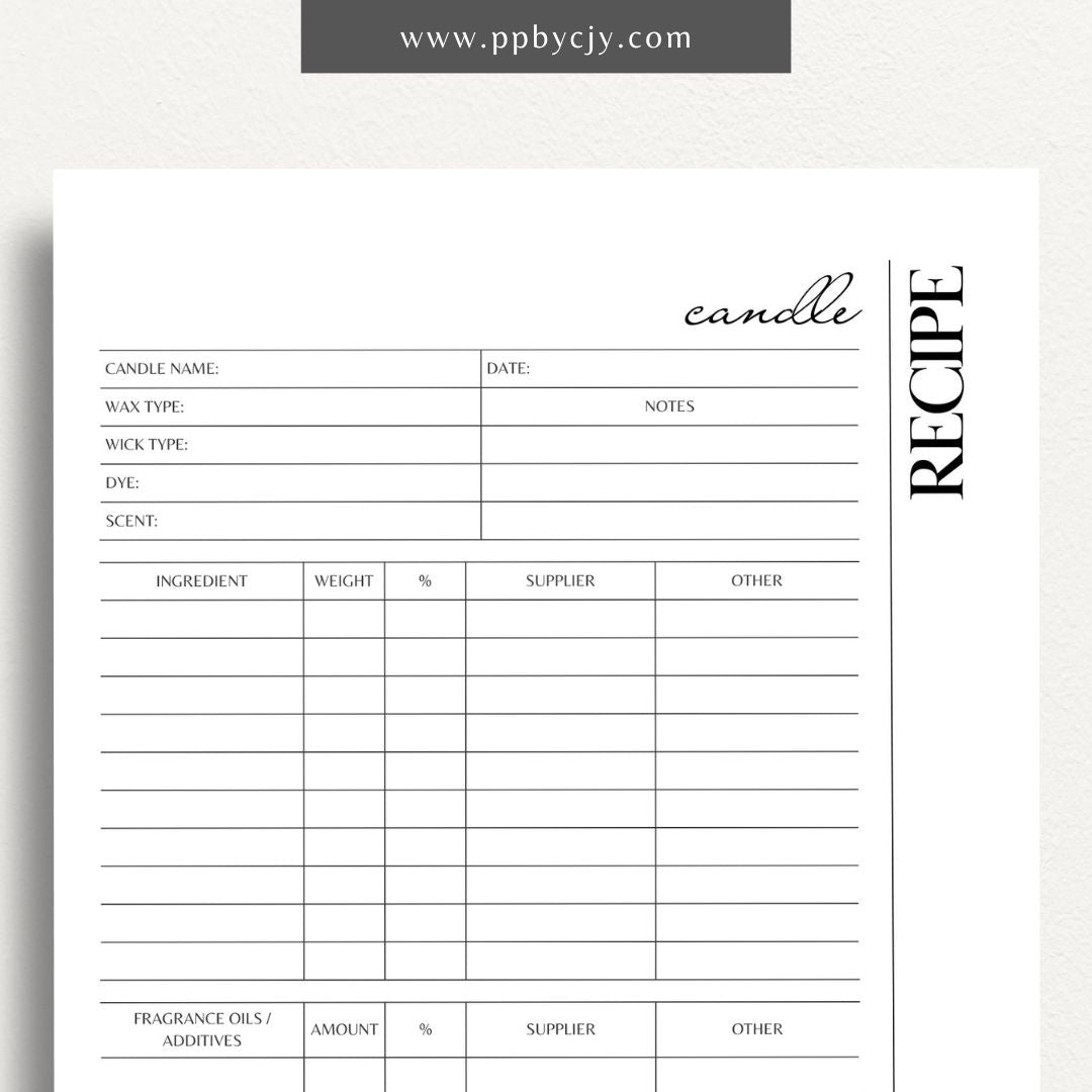 Candle Maker Recipe Printable Template – Digital Download for Recording and Organizing Candle Formulas and Recipes