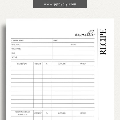 Candle Maker Recipe Printable Template – Digital Download for Recording and Organizing Candle Formulas and Recipes